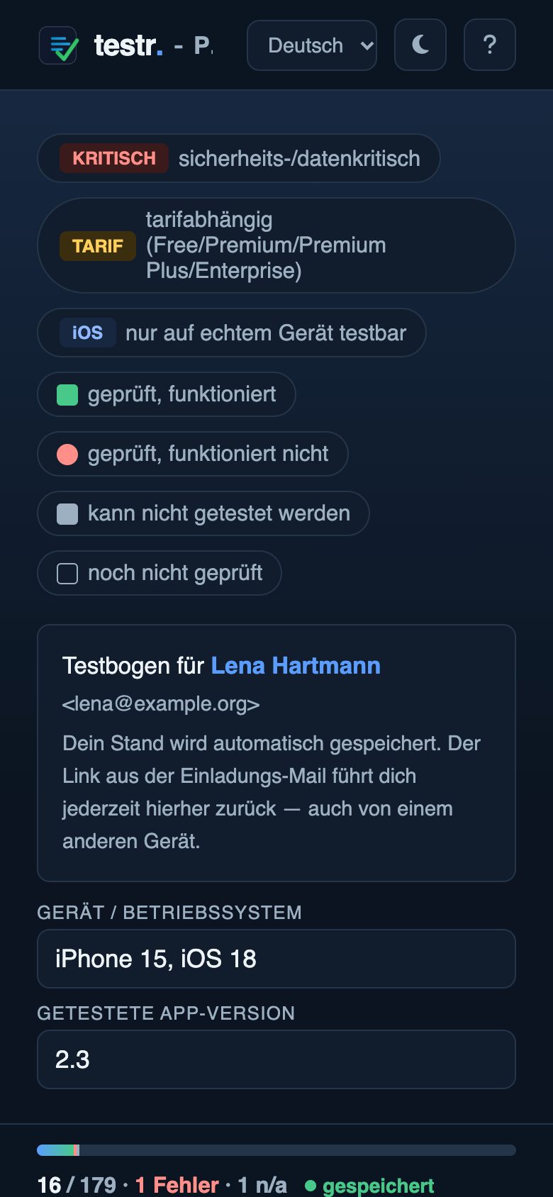 Testbogen auf dem Telefon: Name, Gerät, Fortschritt