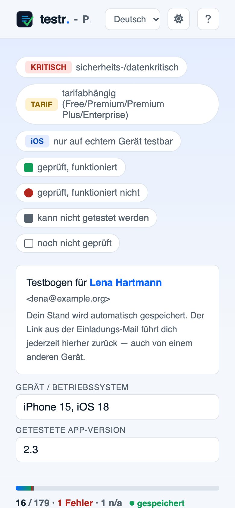 Testbogen auf dem Telefon: Name, Gerät, Fortschritt