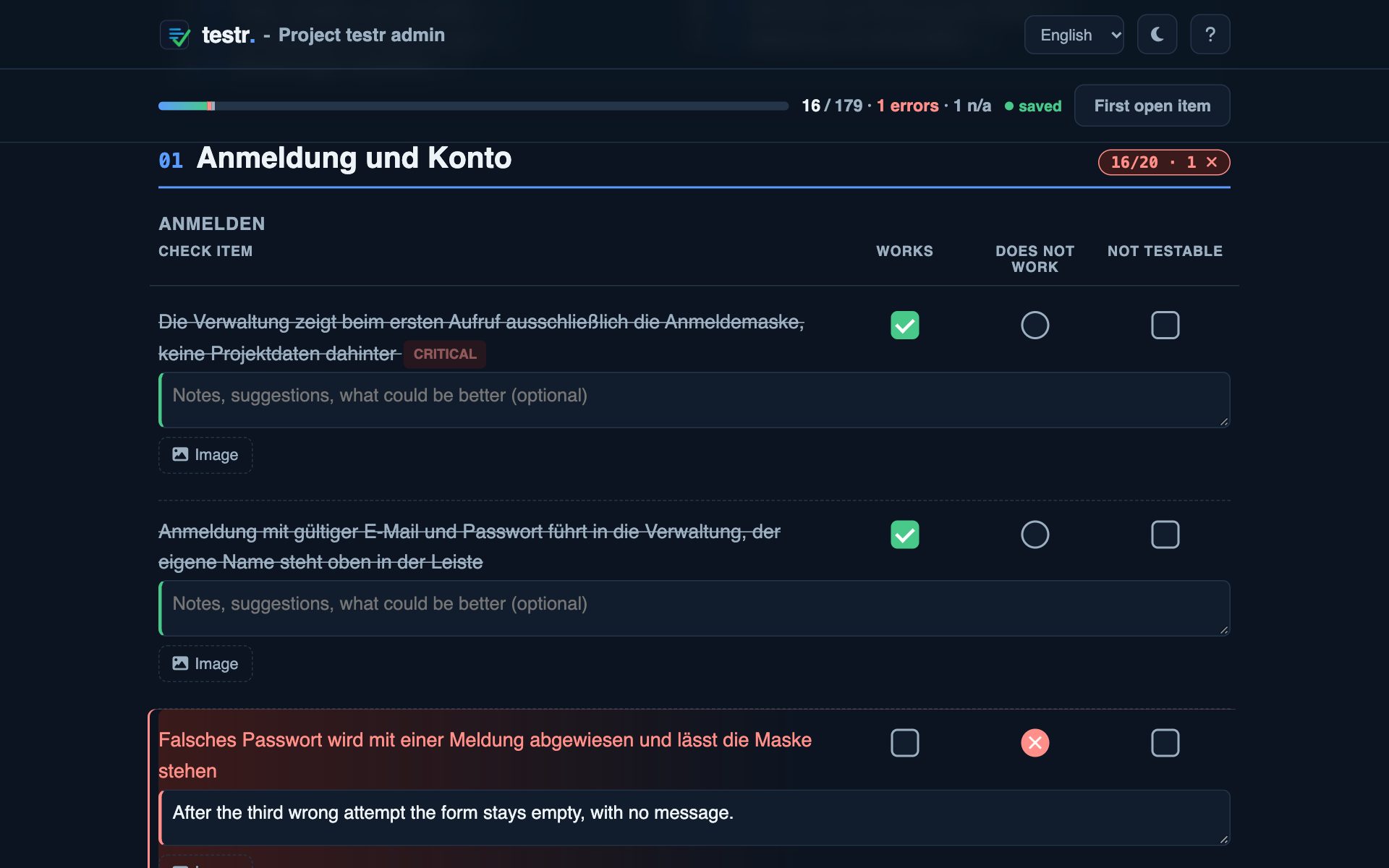 Test sheet on a computer: two items checked, one with a bug and comment