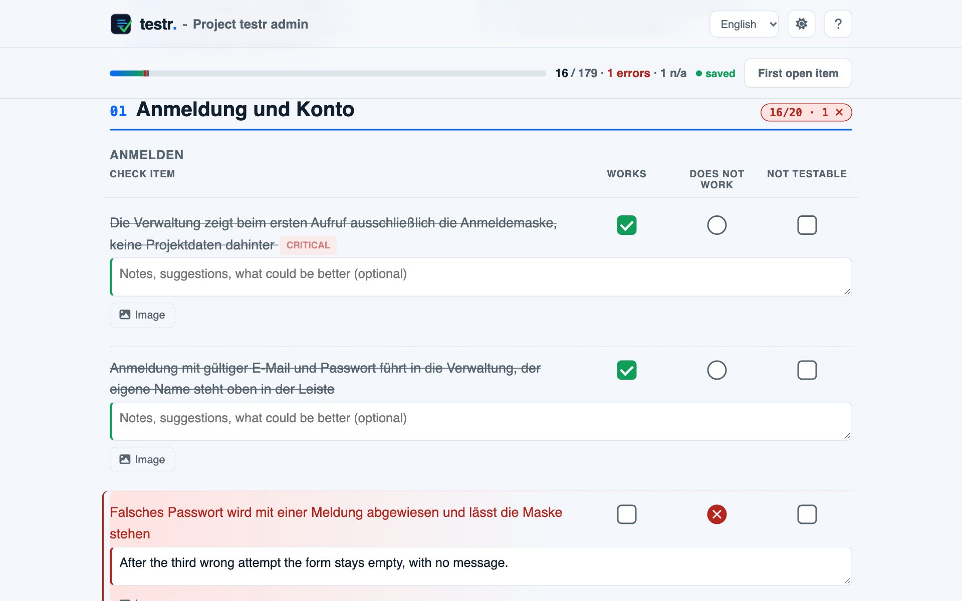 Test sheet on a computer: two items checked, one with a bug and comment