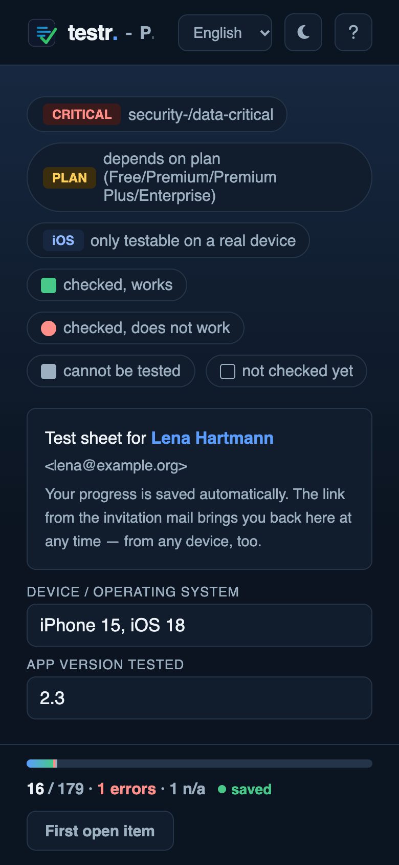 Test sheet on a phone: name, device, progress