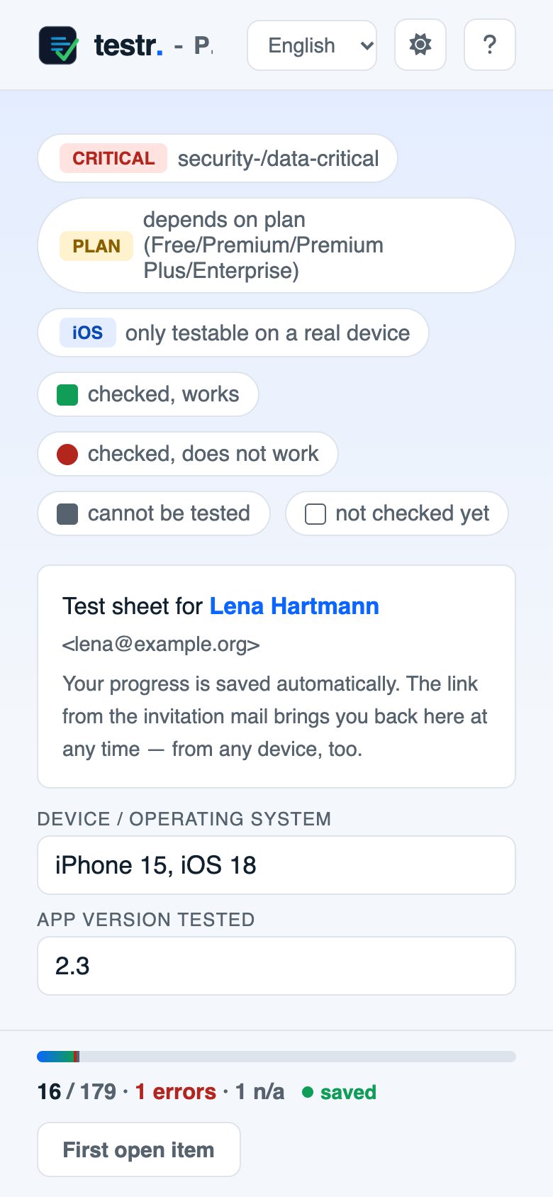 Test sheet on a phone: name, device, progress