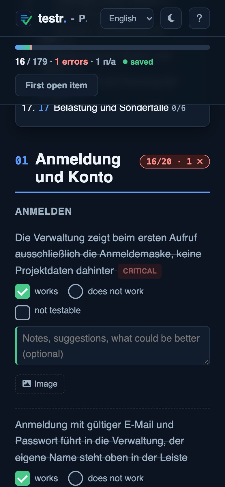 Test sheet on a phone with checked items