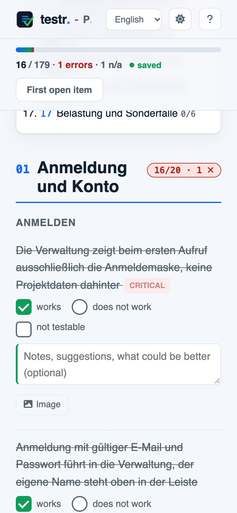 Test sheet on a phone with checked items