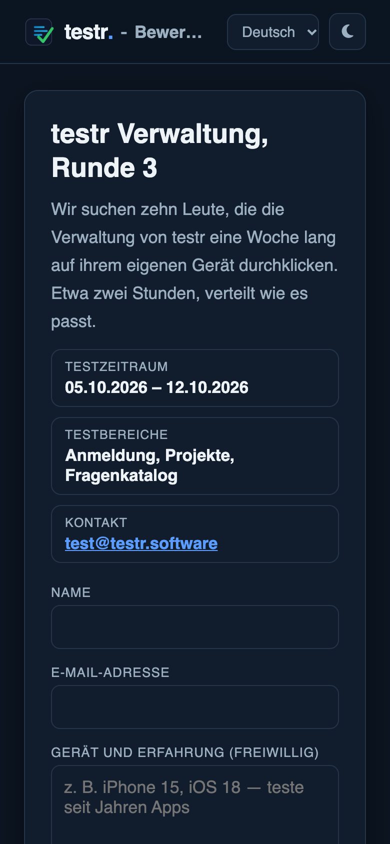 Bewerbungsseite auf dem Telefon mit Beschreibung, Zeitraum und Formular