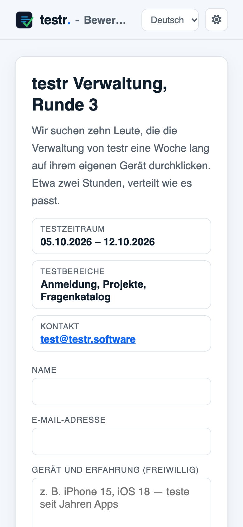 Bewerbungsseite auf dem Telefon mit Beschreibung, Zeitraum und Formular