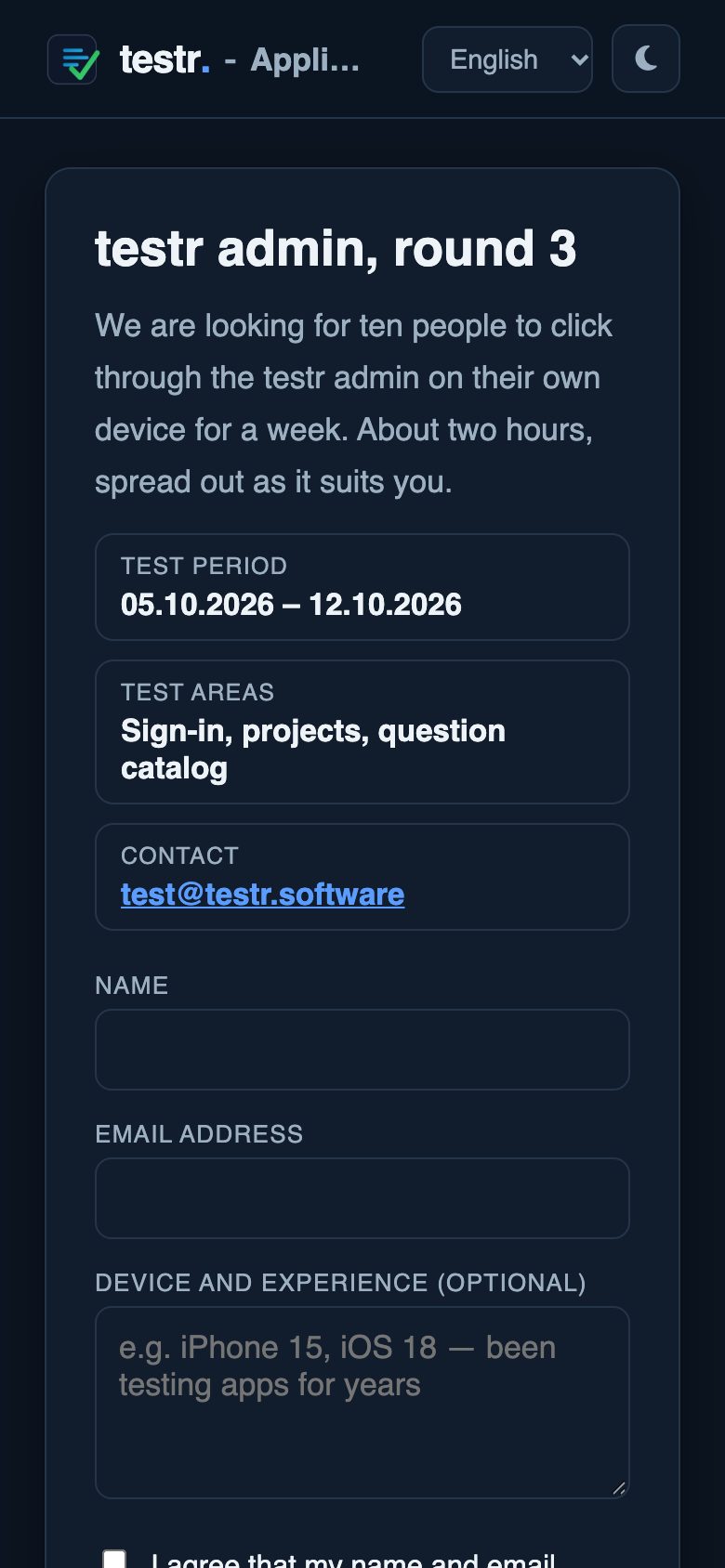 Sign-up page on a phone with description, period and form