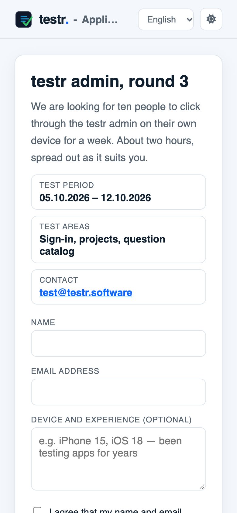Sign-up page on a phone with description, period and form
