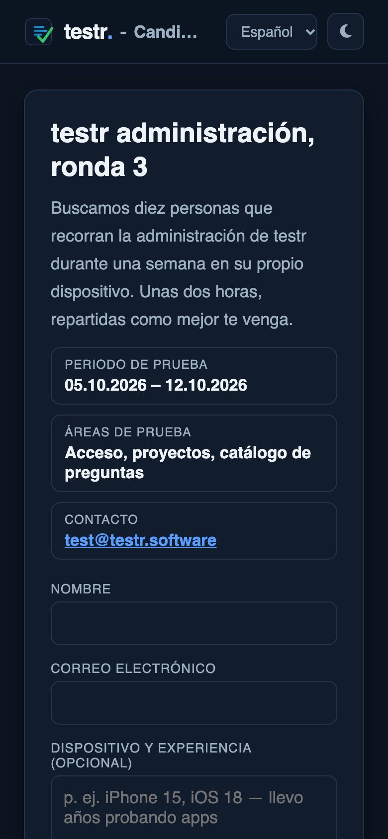 Página de candidatura en el móvil con descripción, periodo y formulario