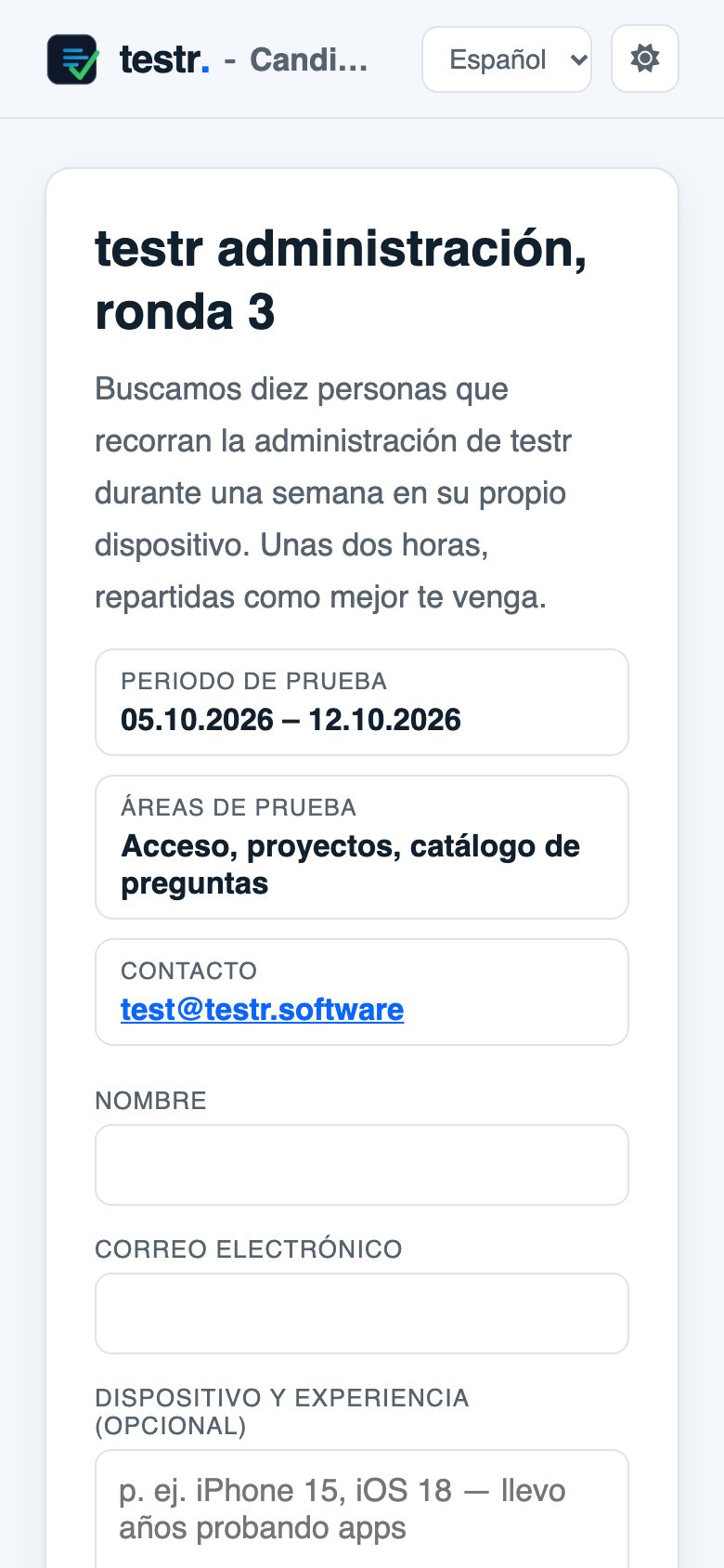 Página de candidatura en el móvil con descripción, periodo y formulario
