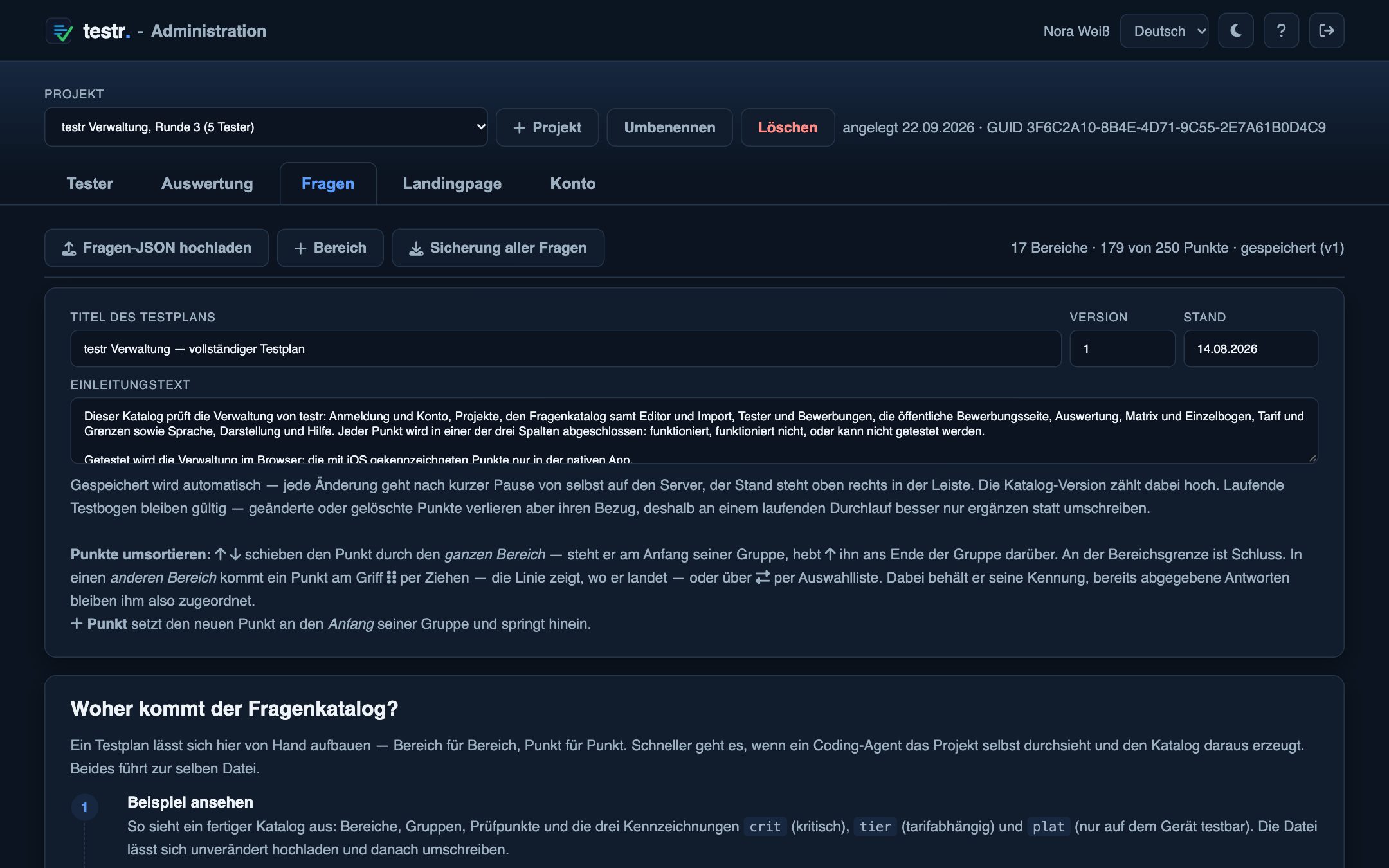 Katalog-Editor mit 17 Bereichen und 179 Punkten