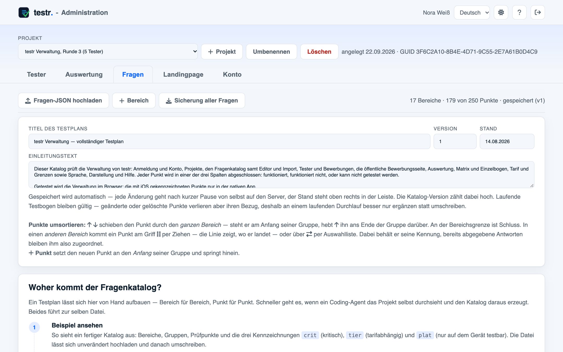 Katalog-Editor mit 17 Bereichen und 179 Punkten