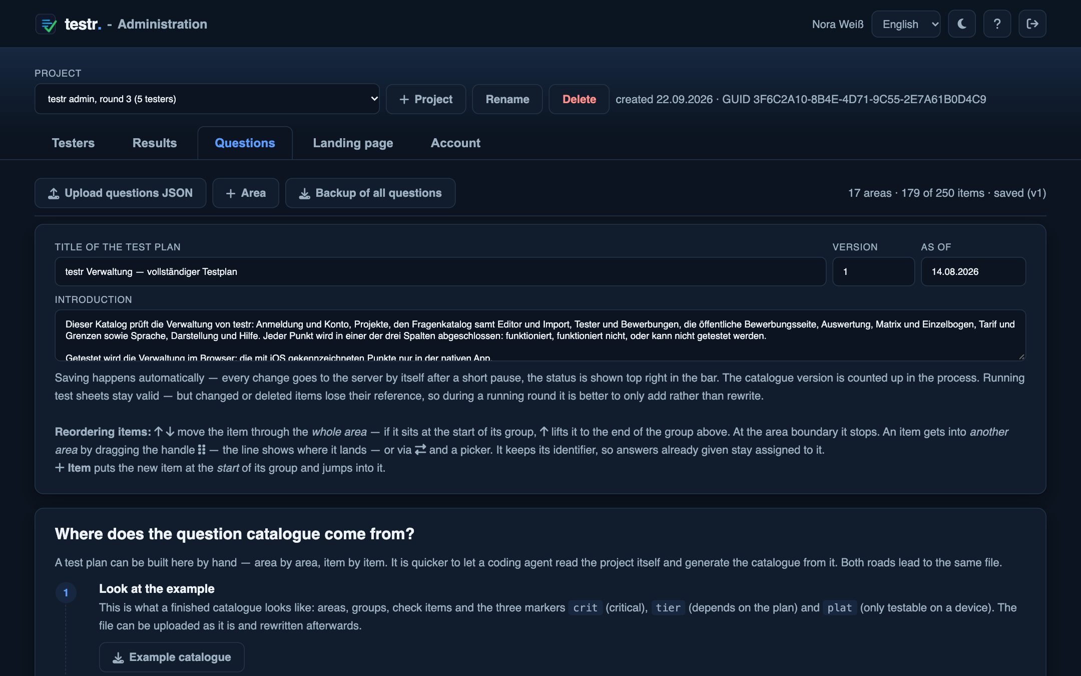 Catalogue editor with 17 sections and 179 items