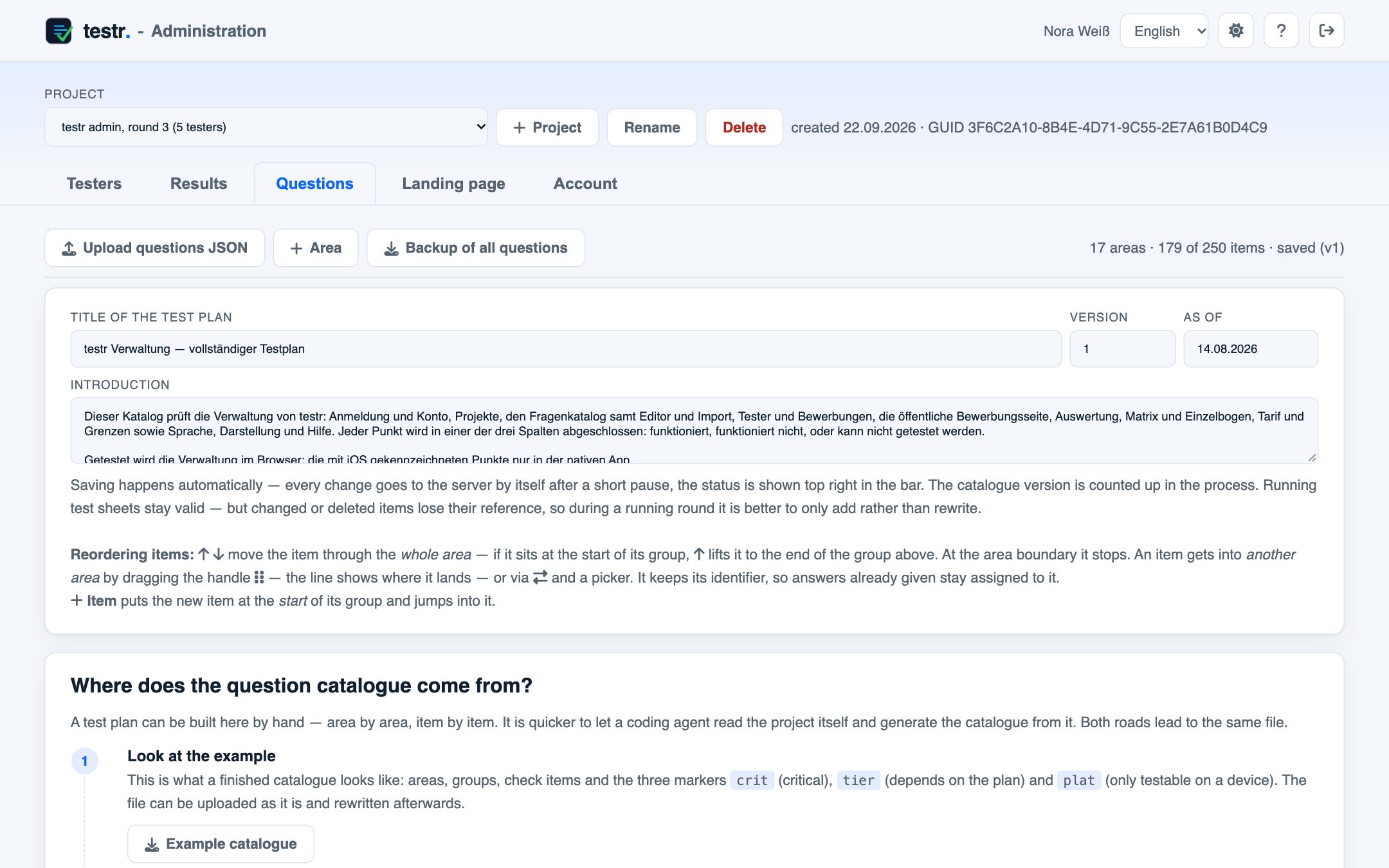 Catalogue editor with 17 sections and 179 items