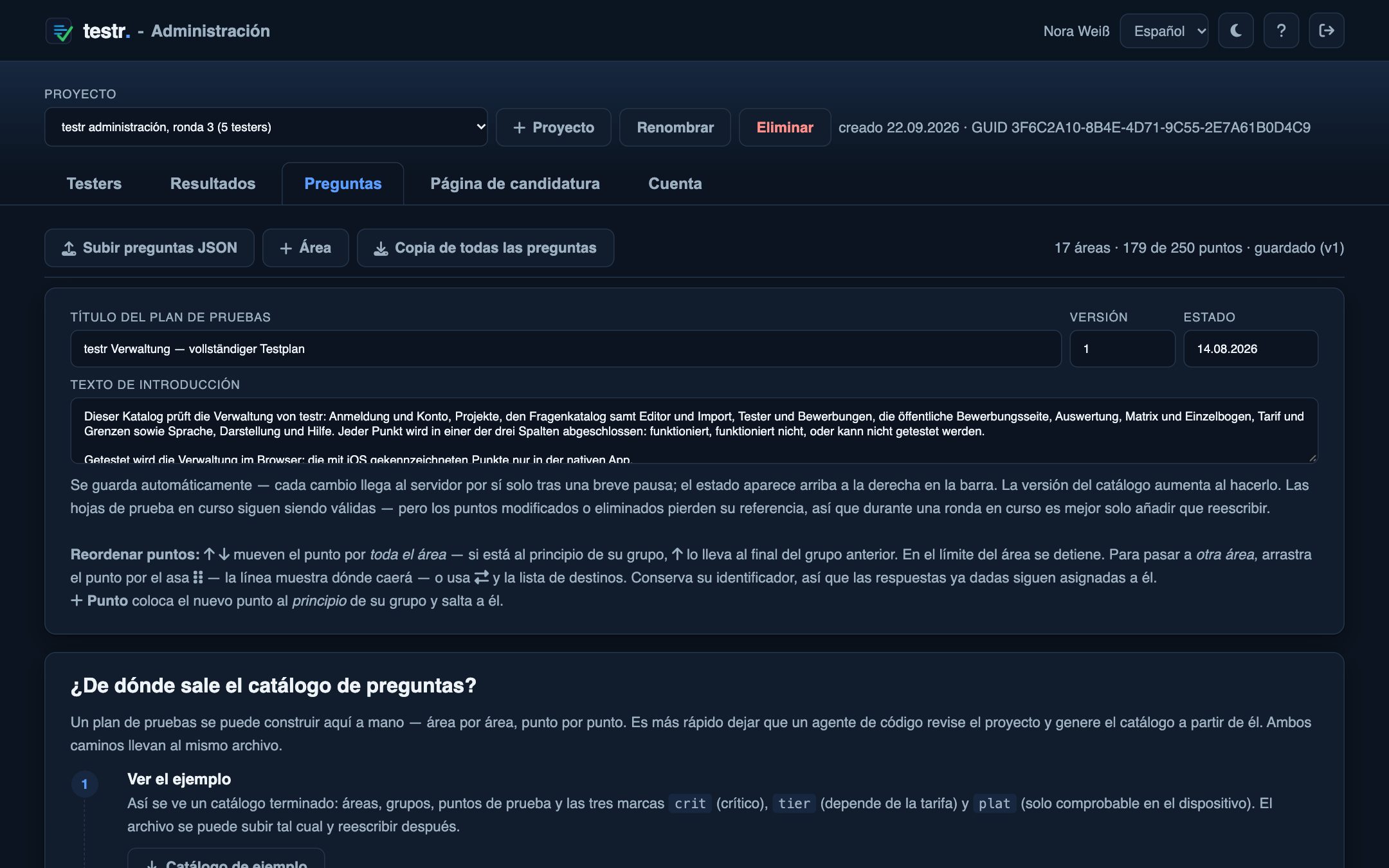 Editor del catálogo con 17 áreas y 179 puntos