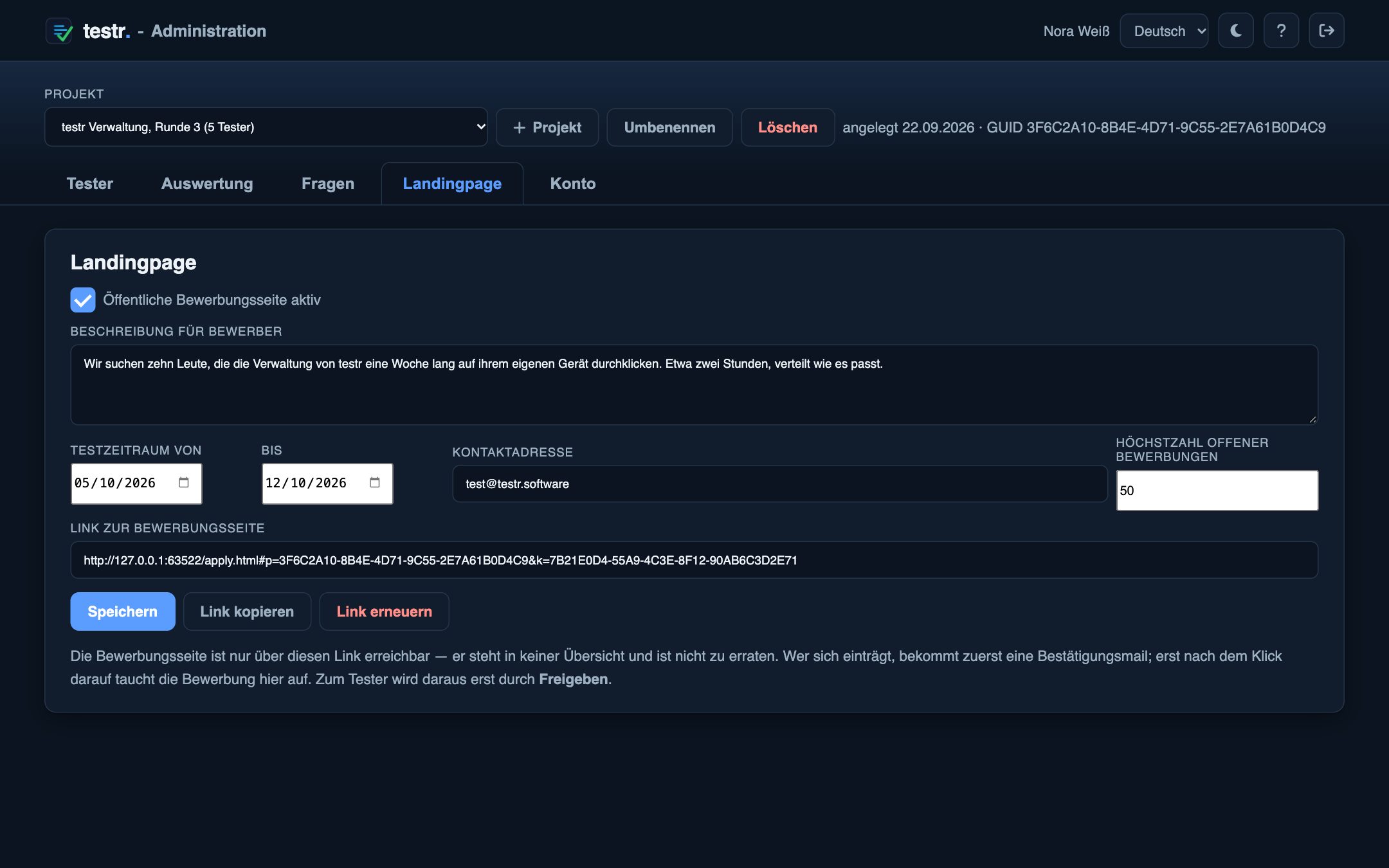 Reiter Landingpage: Beschreibung, Testzeitraum, Kontakt und der Link zur Bewerbungsseite