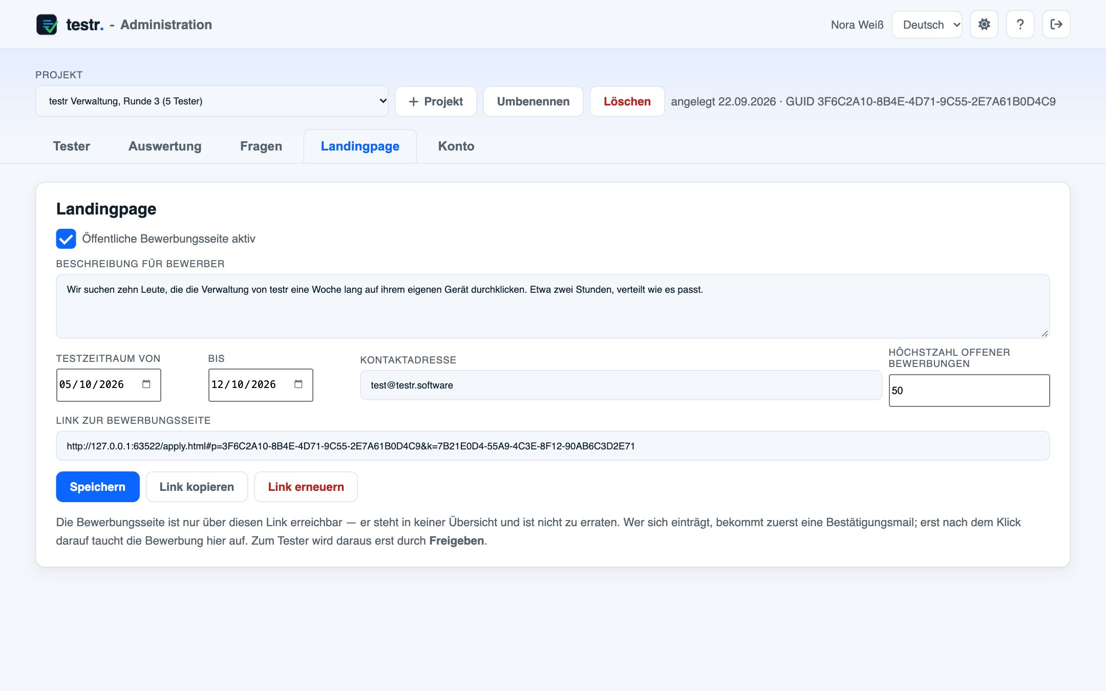 Reiter Landingpage: Beschreibung, Testzeitraum, Kontakt und der Link zur Bewerbungsseite