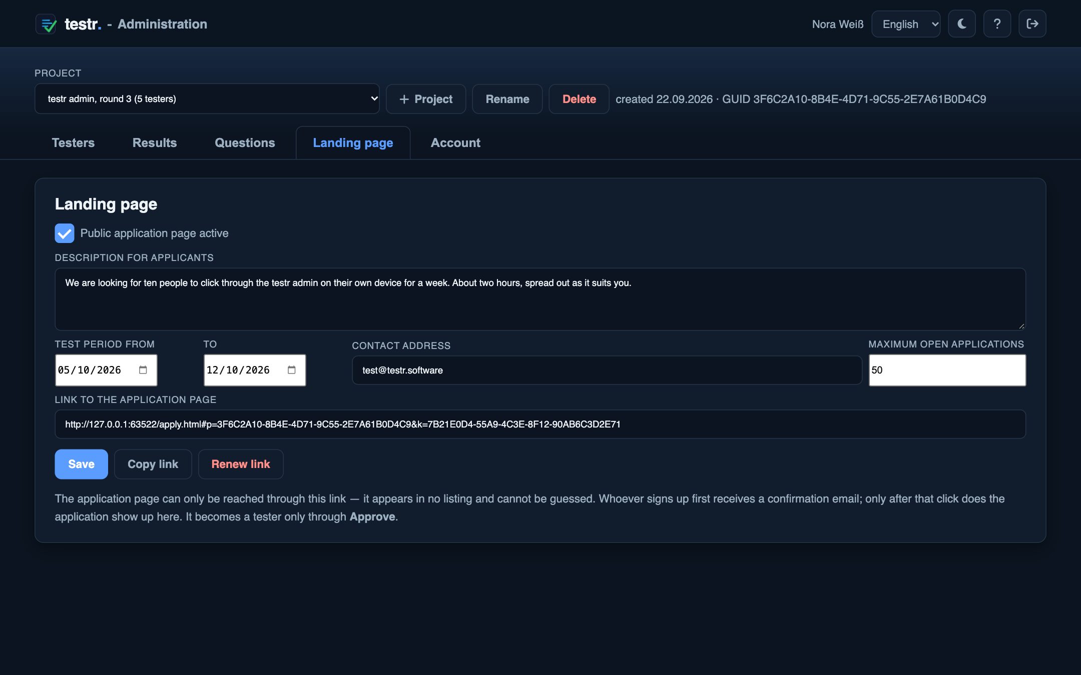 Landing page tab: description, test period, contact and the link to the sign-up page