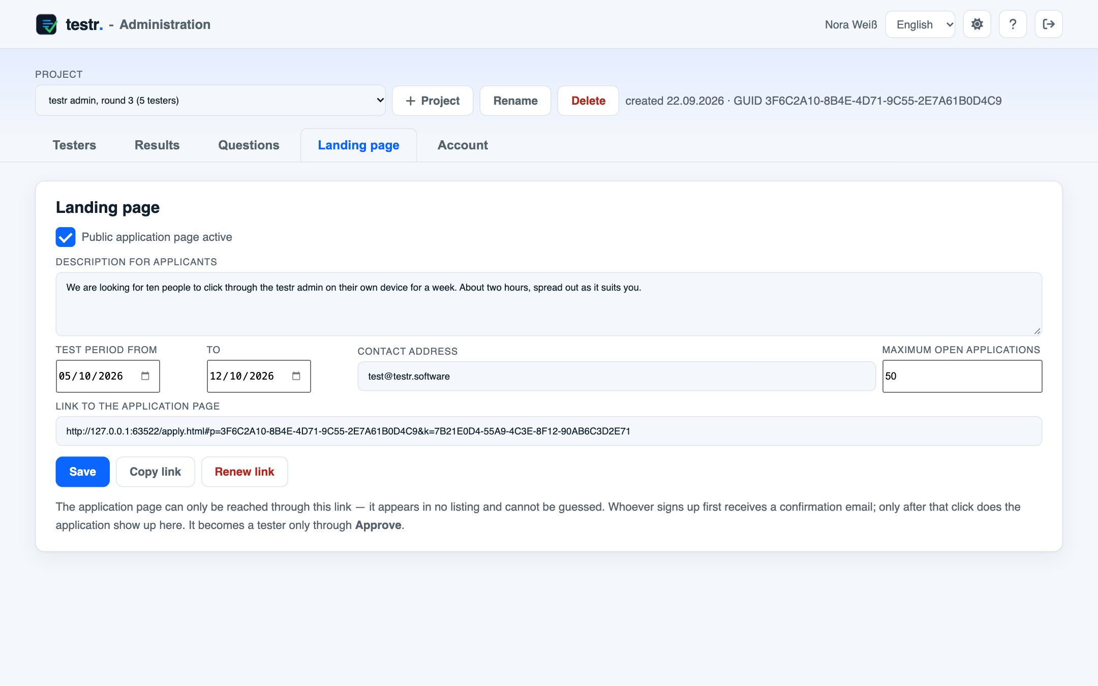 Landing page tab: description, test period, contact and the link to the sign-up page