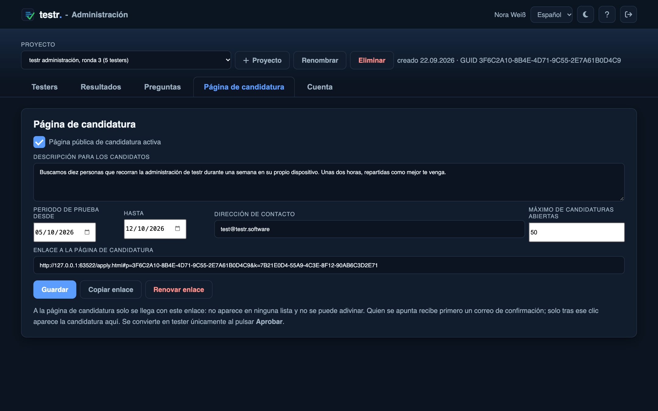 Pestaña Página de candidatura: descripción, periodo, contacto y el enlace a la página