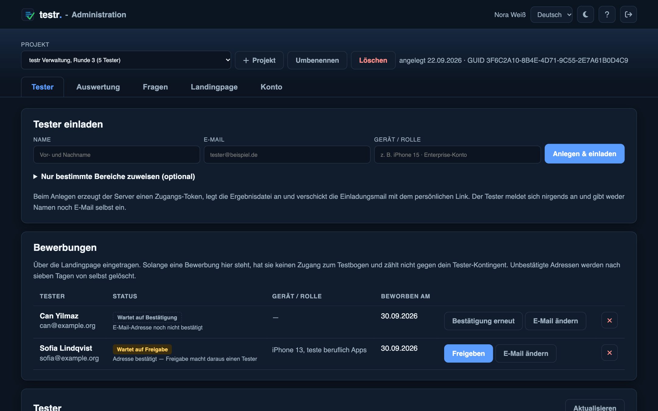 Reiter Tester mit Einladeformular, Bewerbungen und Testerliste