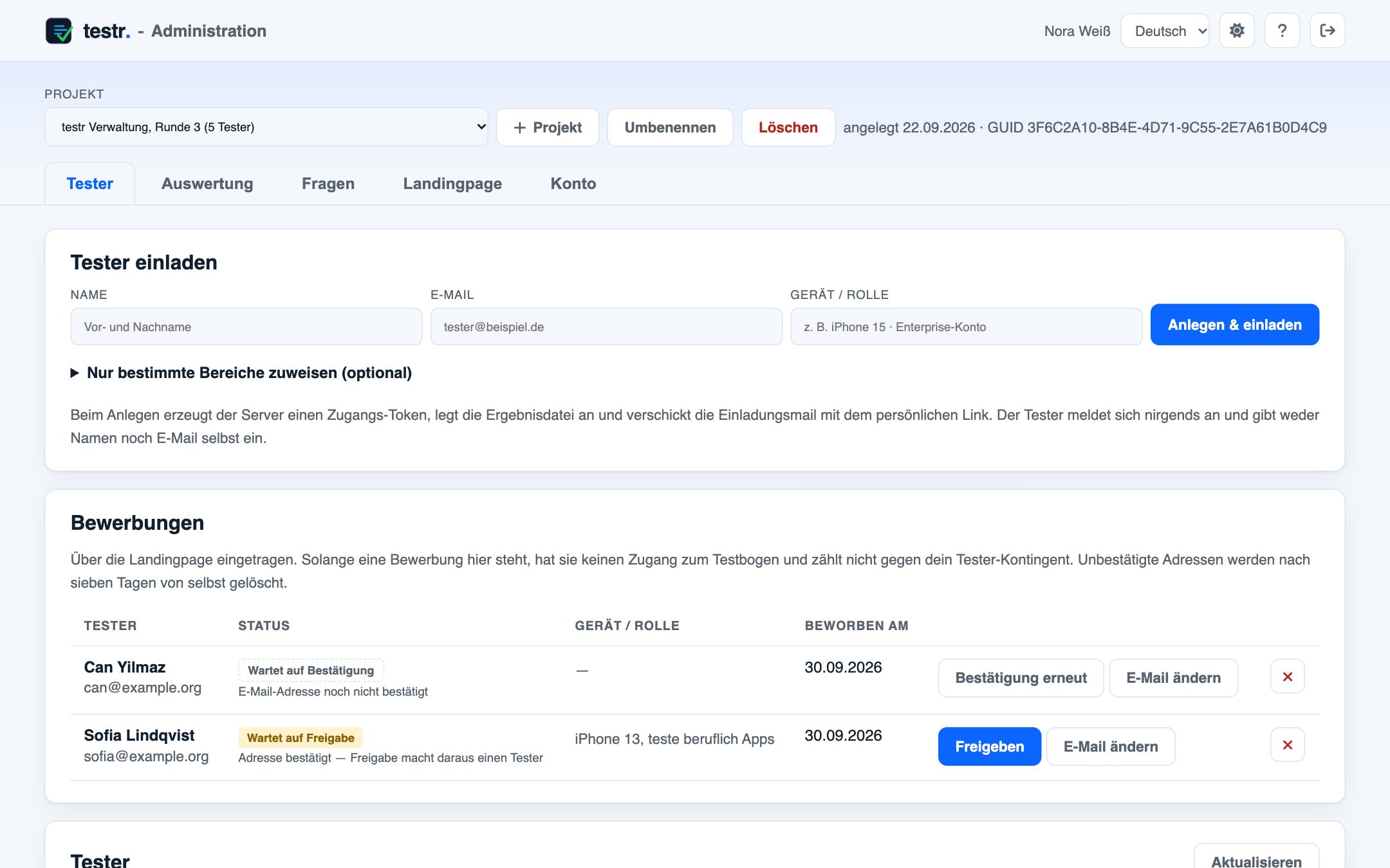 Reiter Tester mit Einladeformular, Bewerbungen und Testerliste