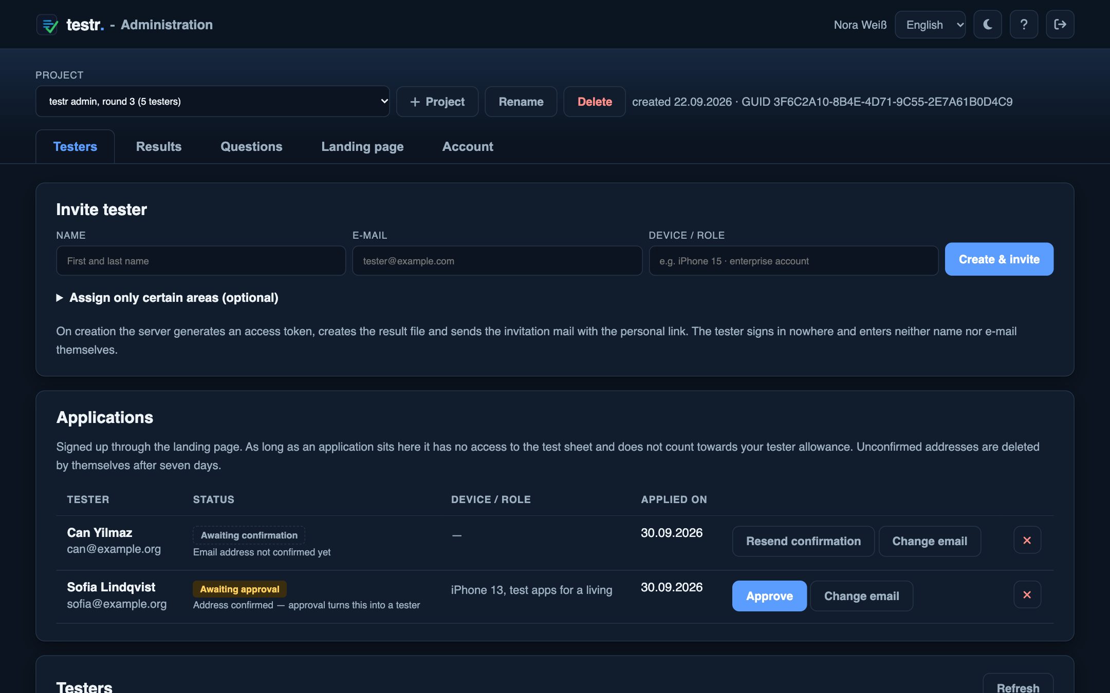Testers tab with invite form, applications and tester list