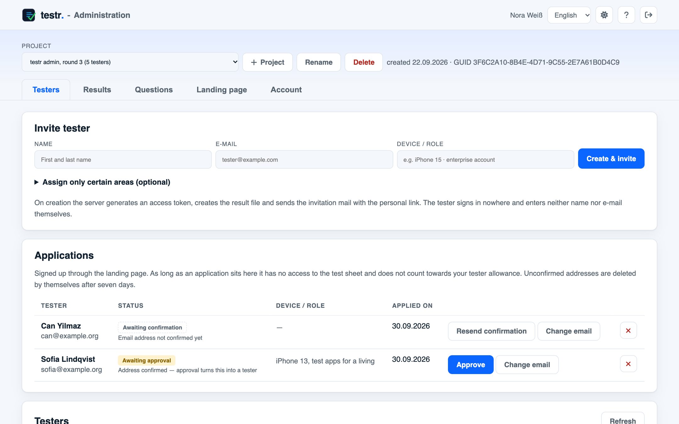 Testers tab with invite form, applications and tester list