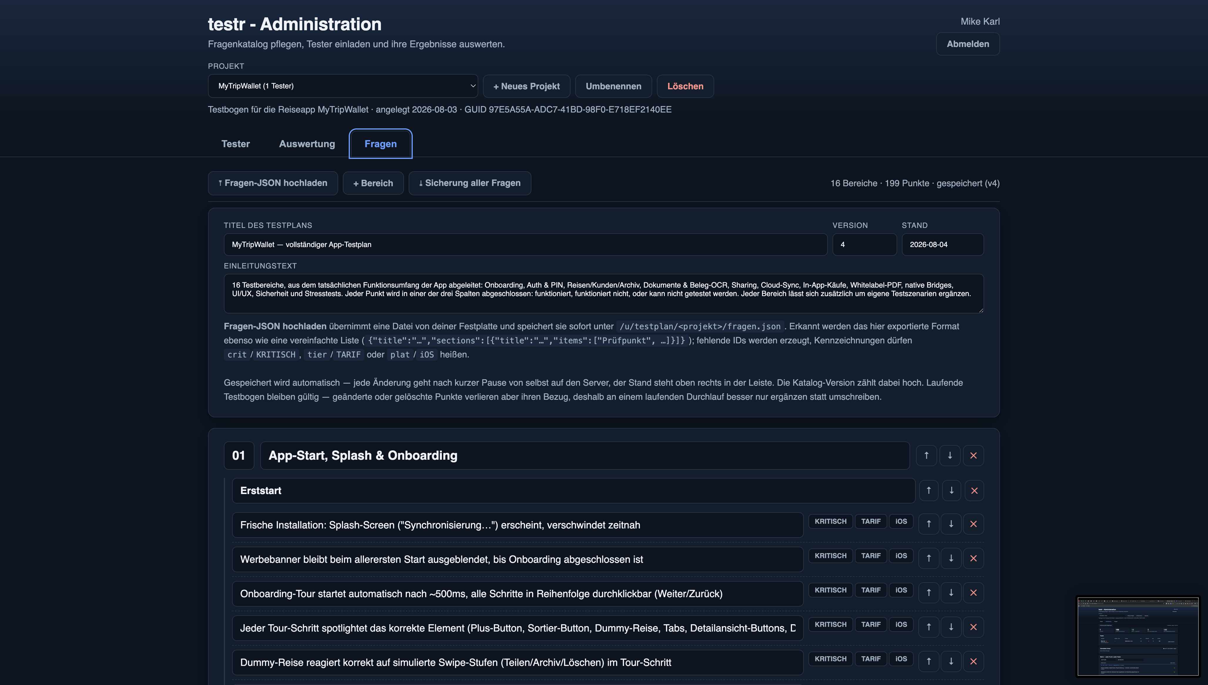 Reiter Fragen: Editor für den Fragenkatalog mit Bereichen, Gruppen und Prüfpunkten