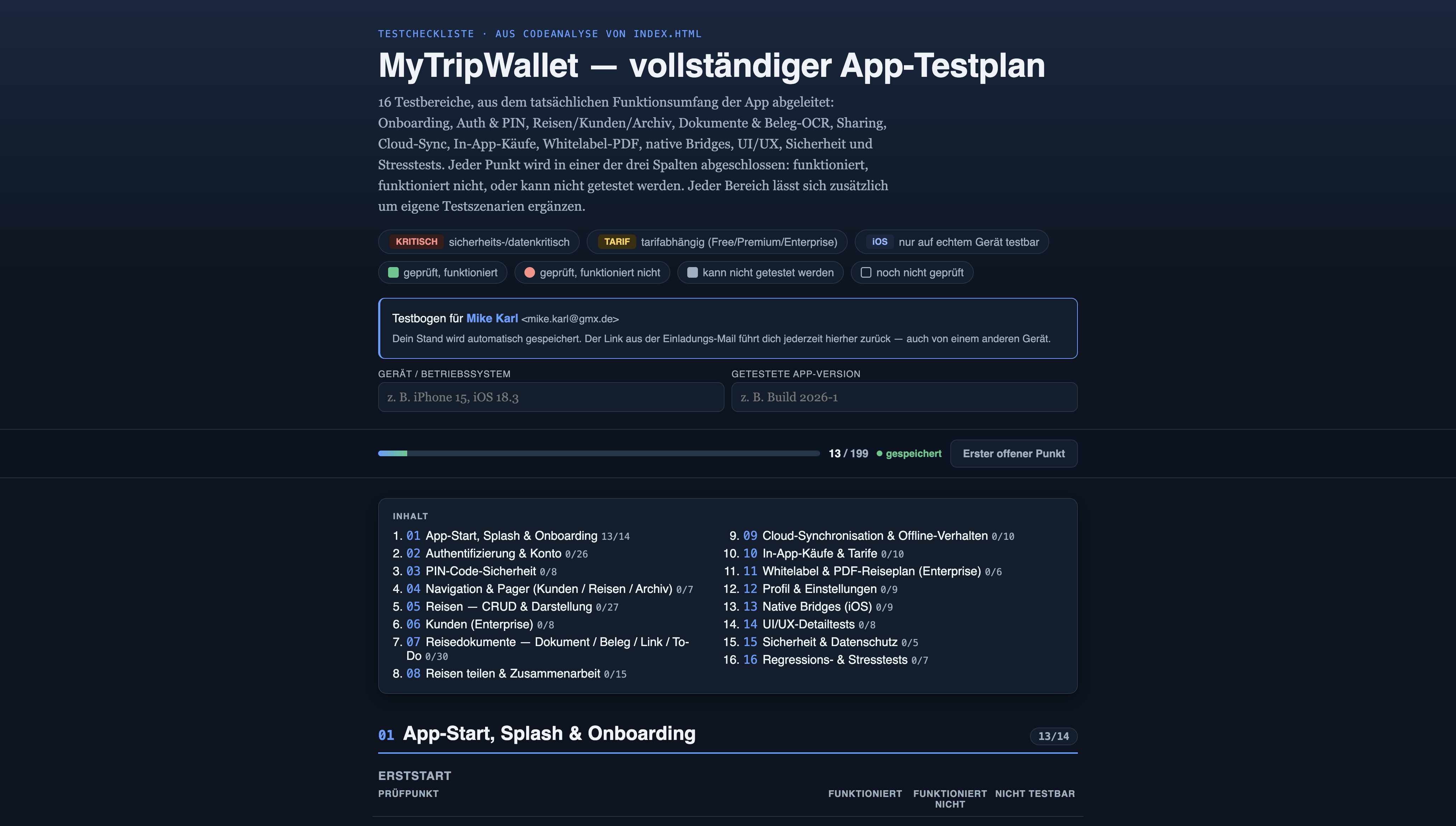 Der Testbogen aus Sicht eines Testers: Fortschrittsbalken, Inhaltsverzeichnis und die ersten Prüfpunkte